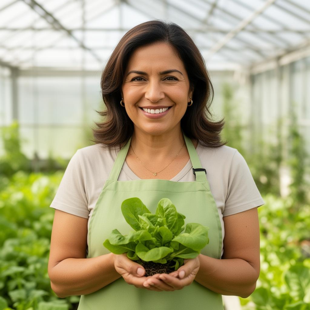 Valentina Soto, especialista en cultivos hidropónicos, sosteniendo una planta verde